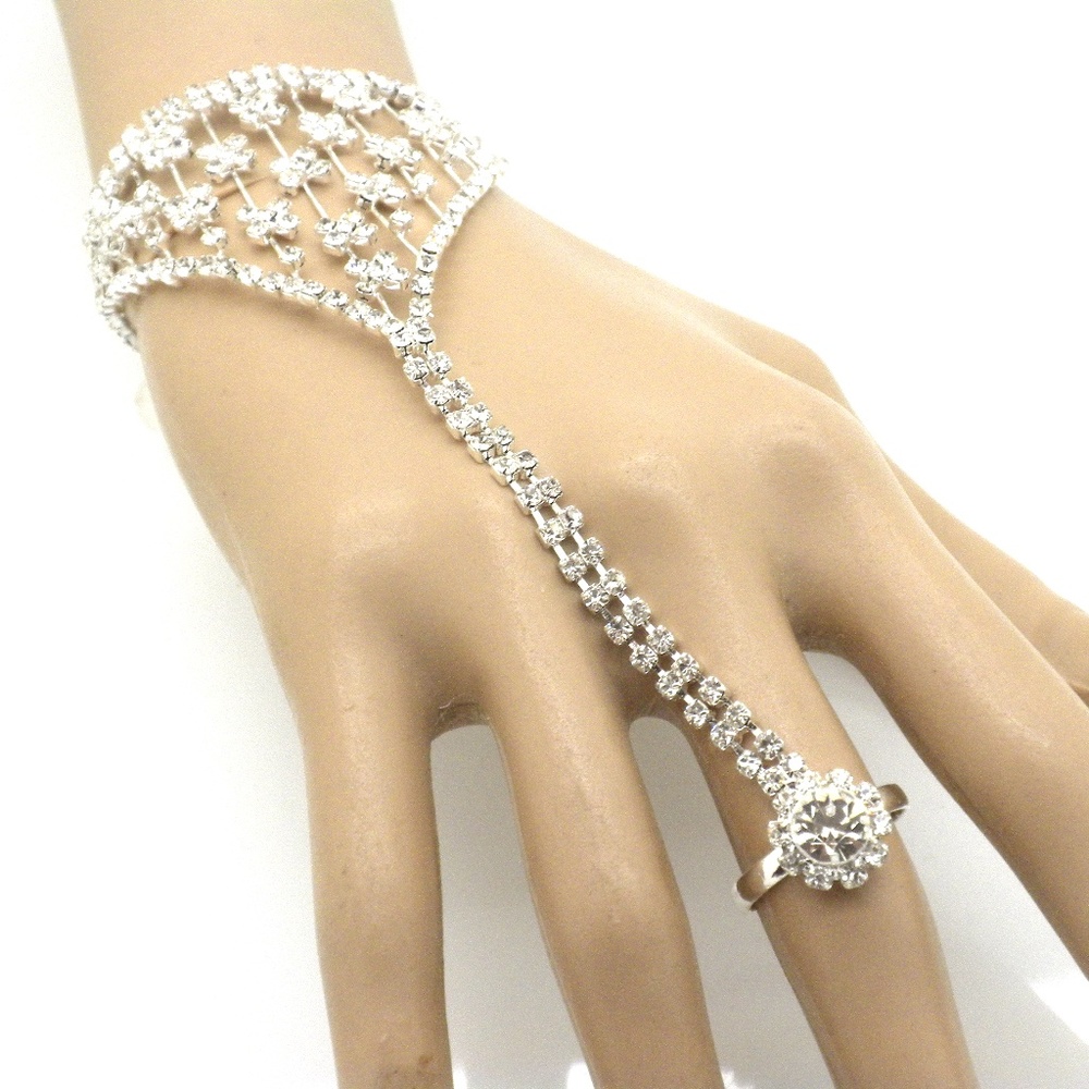Silver Rhinestone Slave Bracelet and Ring Combo